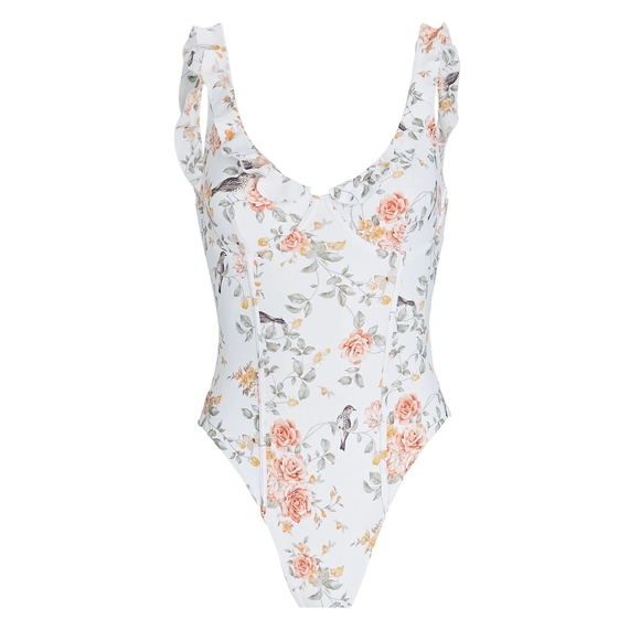 WeWoreWhat Ruffle Floral One Piece Swimsuit in White Womens Size S - Picture 4 of 11